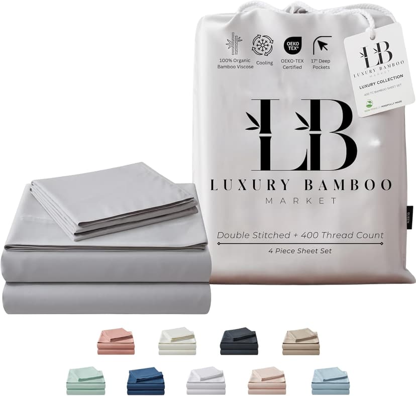 Luxury Bamboo Market | King Size Bed Sheet Set | 100% Viscose Made from Bamboo | Organically Grown | Ultra Soft | Cooling Sheets for Hot Sleepers | 17" Deep Pocket [Dove Grey (Silver Grey)]