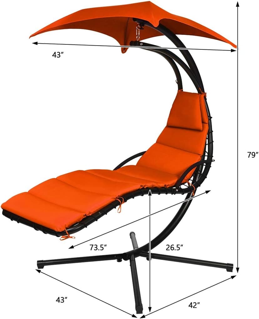 Giantex Hanging Chaise Lounger Chair, Arc Stand Porch Swing Chair w/Canopy, Cushion Built-in Pillow, Outdoor Freestanding Swing Hammock Chair for Patio Poolside Backyard Garden (Orange)