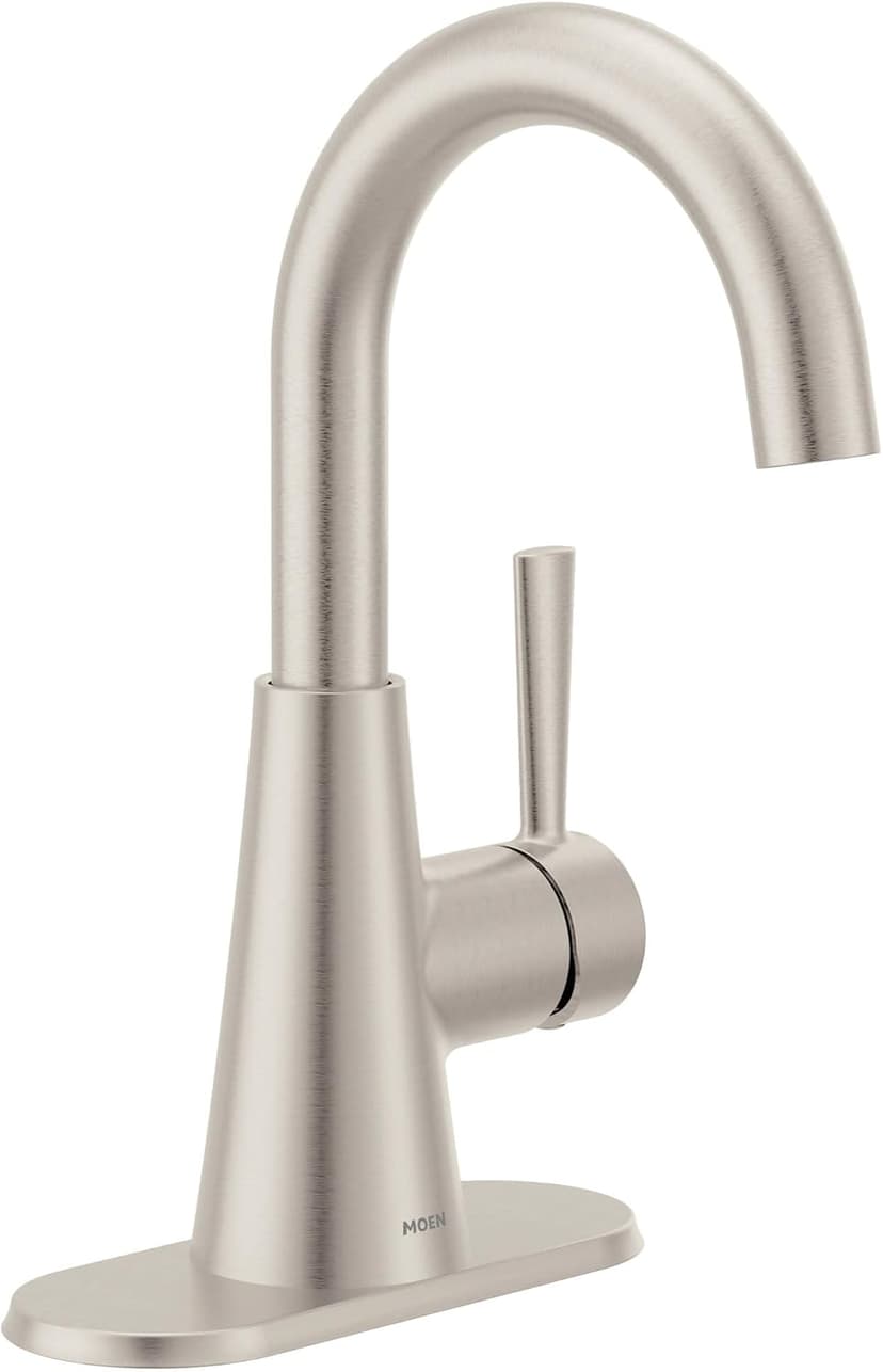 Moen Ronan Spot Resist Brushed Nickel One-Handle Single Hole Modern Bathroom Sink Faucet with Optional Deckplate and Spring Loaded Drain Assembly, 84021SRN