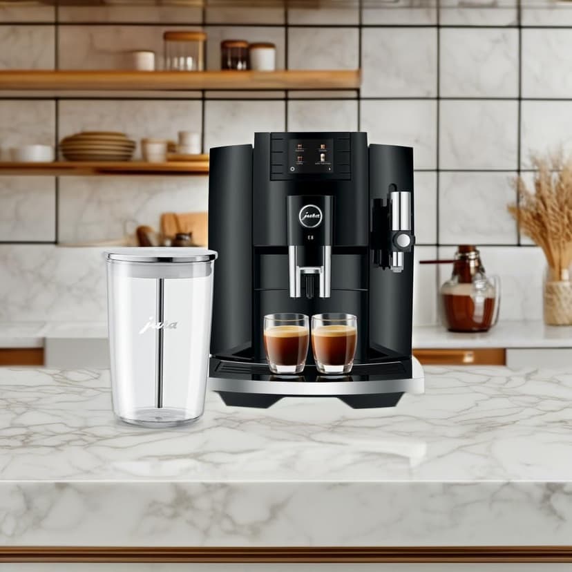 Jura E8 5th Gen Automatic Coffee Machine (Piano Black) Stainless Steel Espresso Machine, Powerful Blending Features Bundle with Glass Milk Container (2 Items)