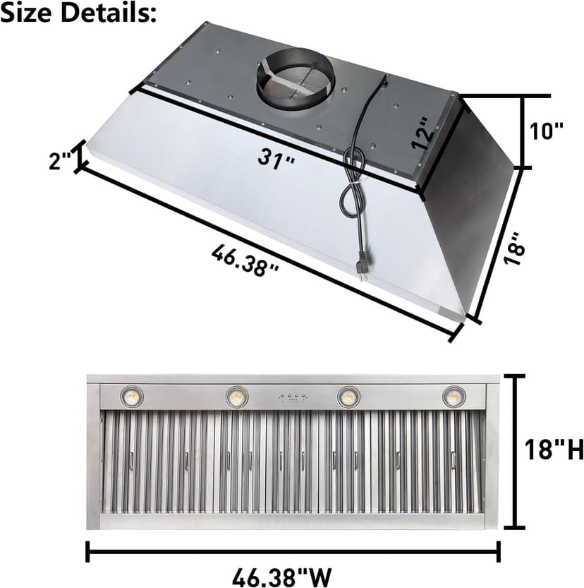 SINDA 48 inch Built-in/Insert Range Hood 1150 CFM, Stainless Steel Under Cabinet Range Hood Kitchen Vent Hood with Liner and SINDA Internal Motor, 4-Speed Fan, Adjustable Lights, Baffle Filter
