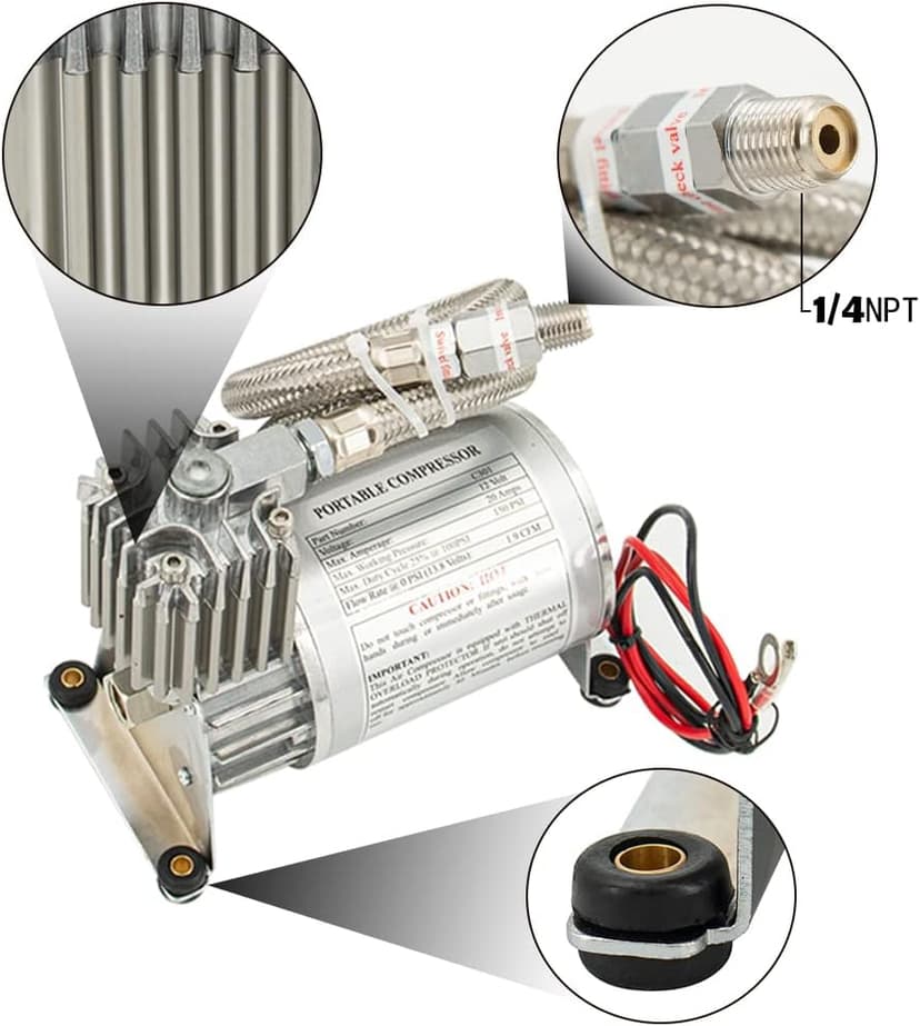 Universal 150 PSI Horns Heavy Duty Onboard Air Compressor, Replacement for Truck/Car Train Horn/Suspension/Ride/Bag kit/System and All 12v Vehicles like Semi/Pickup Trucks, Silver 1/4