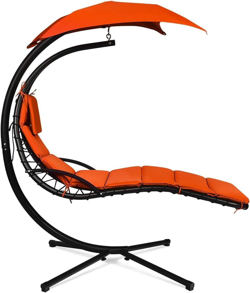 Giantex Hanging Chaise Lounger Chair, Arc Stand Porch Swing Chair w/Canopy, Cushion Built-in Pillow, Outdoor Freestanding Swing Hammock Chair for Patio Poolside Backyard Garden (Orange)