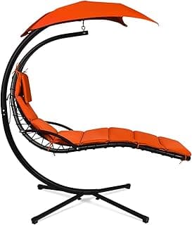 Giantex Hanging Chaise Lounger Chair, Arc Stand Porch Swing Chair w/Canopy, Cushion Built-in Pillow, Outdoor Freestanding Swing Hammock Chair for Patio Poolside Backyard Garden (Orange)