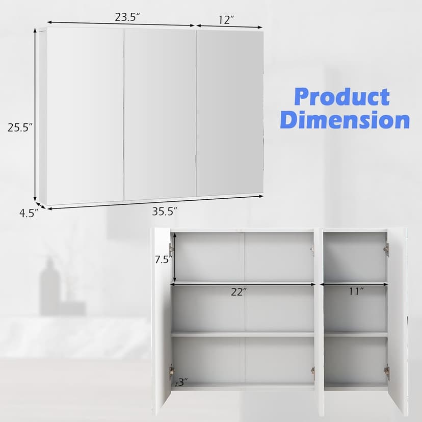 Tangkula Mirrored Medicine Cabinet, Large Wide Wall Mounted Storage Cabinet with 3 Mirror Doors & Adjustable Shelf, 36 x 4.5 x 25.5 Inch, Bathroom Mirror Medicine Cabinet (36 x 25.5 Inch)
