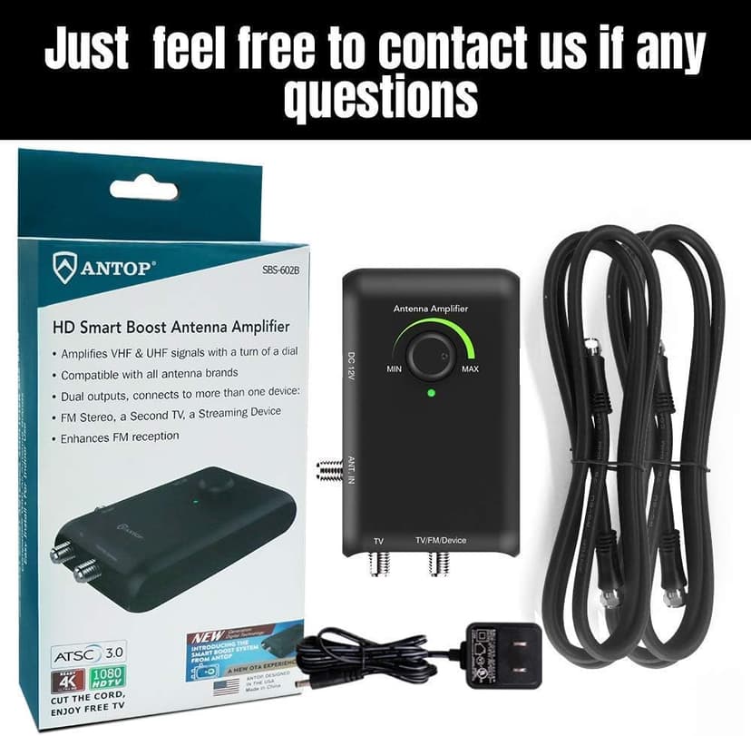 Antop HD Smart Boost Antenna Amplifier,TV Antenna Amplifier Signal Booster, HDTV Booster with Dual Outputs for 2 TVs, HD Digital VHF UHF FM Amplifier,Compatible with Any Non-Amplified Antennas