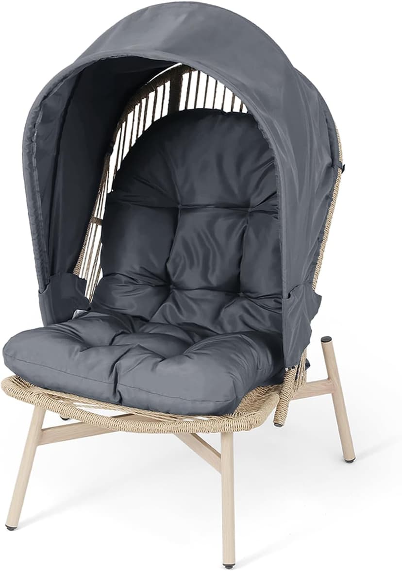 Athena Collection Rattan Egg Chair with Foldable Canopy, Patio Egg Chair Indoor Outdoor Lounge Egg Chair with Stand & Detachable Cushion for Garden, Porch, Backyard, Balcony, Gray