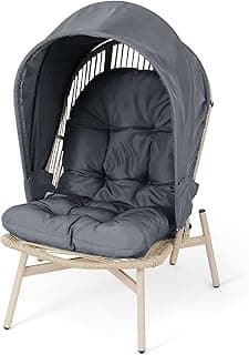 Athena Collection Rattan Egg Chair with Foldable Canopy, Patio Egg Chair Indoor Outdoor Lounge Egg Chair with Stand & Detachable Cushion for Garden, Porch, Backyard, Balcony, Gray