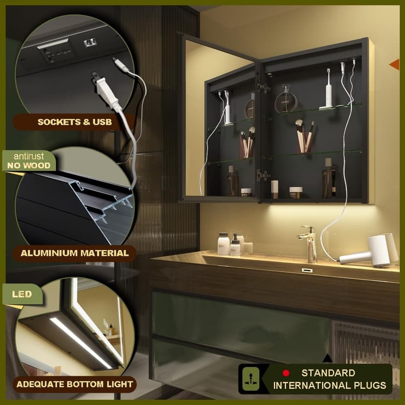 LED Lighted Bathroom Medicine Mirror Cabinet with Sockets & USBs, Anti-Fog Dimmable Light and Color Adjustment, Antirust and Easy to Install Aluminum Cabinet (20 * 28 inch)