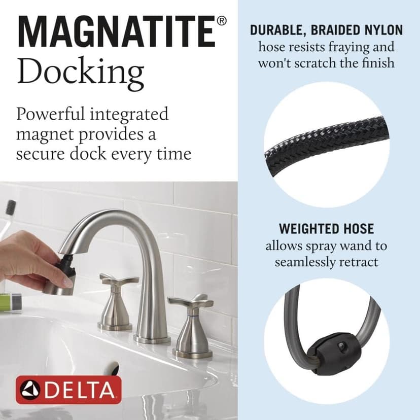 Delta Faucet Stryke Pull Down Bathroom Faucet, Bathroom Pull Out Faucet, Brushed Nickel Widespread Bathroom Faucet 3 Hole, Bathroom Sink Faucet, Lumicoat Stainless 357756-SSPD-PR-DST