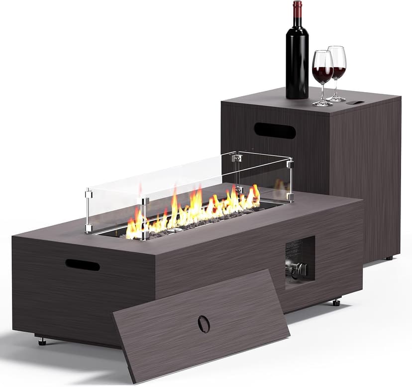 42” Rectangular Fire Pit Tables 2-Piece 50,000 BTU Outdoor Propane Gas Fire Pit with Wind Guard, Waterproof Cover, Lava Rocks for Outside Patio Backyard