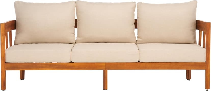 SAFAVIEH Outdoor Collection Owen Natural Teak Solid Wood/Taupe Cushion 3-Seater Sofa