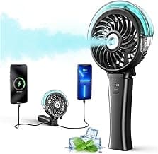6000mAh Portable Handheld Misting Fan as Power Bank, 50ml XL Water Tank, 20H Runtime 3 Speeds, 180° Foldable Rechargeable Mist Fan for Travel, Outdoors, Makeup - Black