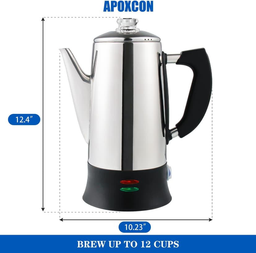 Electric Coffee Percolator Stainless Steel Coffee Maker with Heat Resistant Tough Glass Clear Brew Progress Knob, Keep Warm & Cordless Serving Classic Coffee Pot with On/OFF Switch 12 Cup