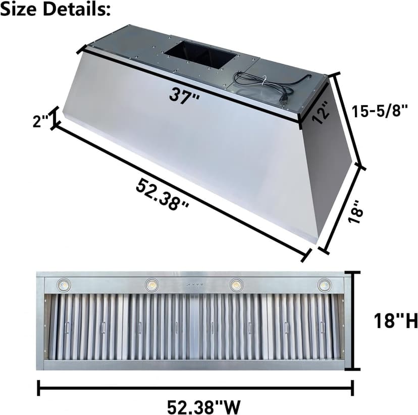 SINDA 54 Inch Built-In/Insert Range Hood, 4-Speed 1260 CFM, Stainless Steel Under Cabinet Range Hood Kitchen Vent Hood with Liner and Internal Motor, 8" Duct, Adjustable Lights, Baffle Filter