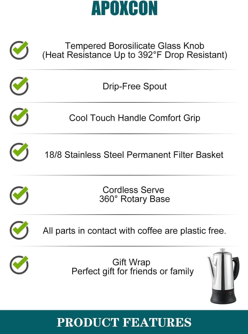 Electric Coffee Percolator Stainless Steel Coffee Maker with Two Heat Resistant Tough Glass Clear Brew Progress Knob Classic Look Keep Warm & Cordless Serving Coffee Pot 12 Cup