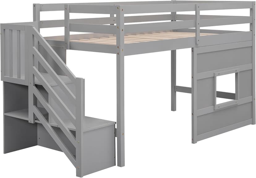 SOFTSEA Low Loft Bed with Stairs, Twin Size Loft Bed with Storage Staircase and Window, Kids Low Loft Bed Frame with Playhouse for Teens Juniors, No Box Spring Needed, Grey