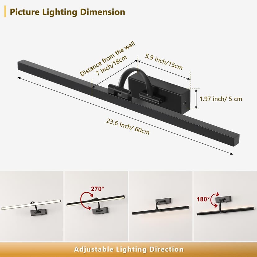 Wireless Picture Lights for Wall Battery Operated, Black Art Lighting for Paintings Rechargeable Gallery lights with Remote and Timer 3CCT Dimmable Painting Lights for Artwork Portrait 23.62 inch