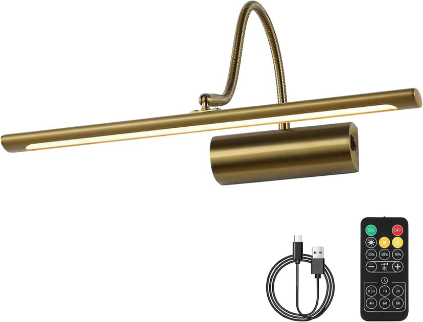 JOOSENLUX Battery Operated Picture Lights Gold Wall Lights Wireless Flexible Neck with Remote Rechargeable Wall Lights for Pictures 16" Dimmable Display Art Light with Timer 3000K Brass