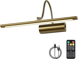 JOOSENLUX Battery Operated Picture Lights Gold Wall Lights Wireless Flexible Neck with Remote Rechargeable Wall Lights for Pictures 16" Dimmable Display Art Light with Timer 3000K Brass
