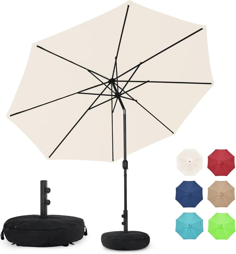 Sundale Outdoor 9FT Patio Umbrella with Sand Bag Umbrella Base, Outdoor Umbrella with Tilt and Crank, Beige