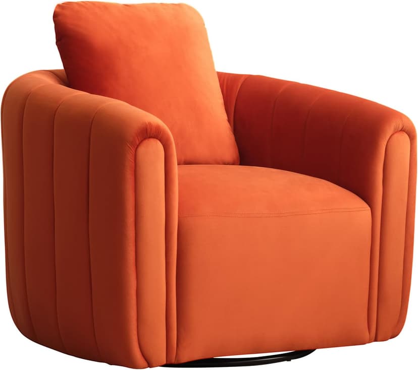 CANMOV Swivel Accent Chair with Pillow,360-degree Swivel Barrel Chair with Curve Backrest, Comfy Velvet Pumpkin-Shaped Round Armchair Modern Single Sofa for Living Room,Bedroom,Waiting Room,Orange
