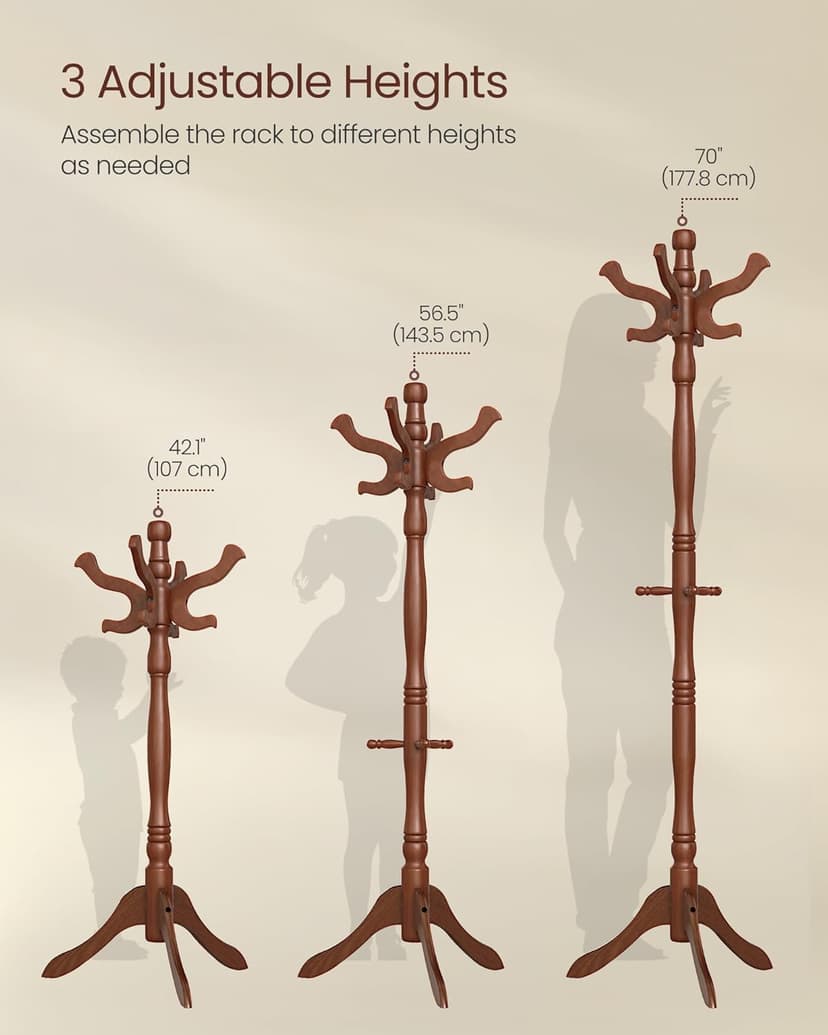 VASAGLE Coat Stand, Solid Wood Freestanding Coat Rack with 11 Hooks, Hall Tree for Bags, Purses, Hats, for Entryway, Hallway, Rubberwood, Caramel Brown URCR05WN