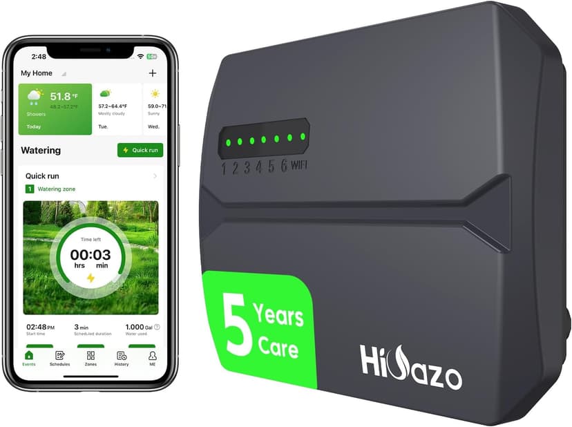 Smart Sprinklers Controller WiFi, Irrigation Controller Easy Use App Enabled, 6 Zone + 16 Plans, Save Water Auto Skin Rain, Freeze & Wind, 10 Minutes Install