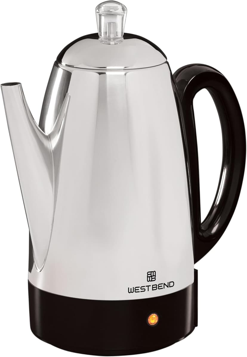West Bend Electric Percolator Classic Style Coffee Maker with Heat Resistant Handle Base and Detachable Cord with Stainless Steel Stem and Basket, 12-Cup, Silver