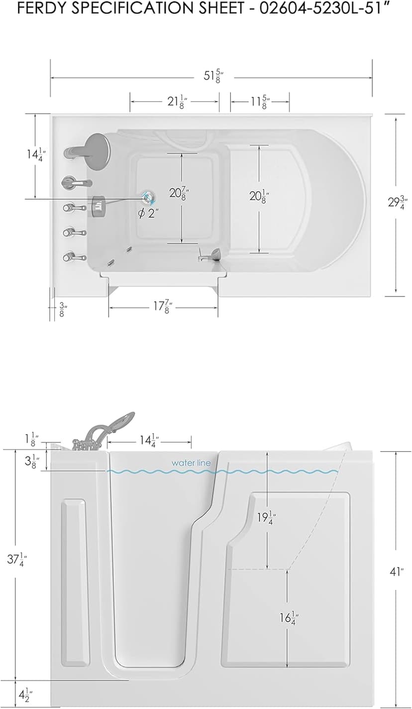 FerdY Floridian 52" Walk-in Bathtub with Left-Side Door Opening and Quick Fill and Drain System, Rectangular Soaking Bathtub in White