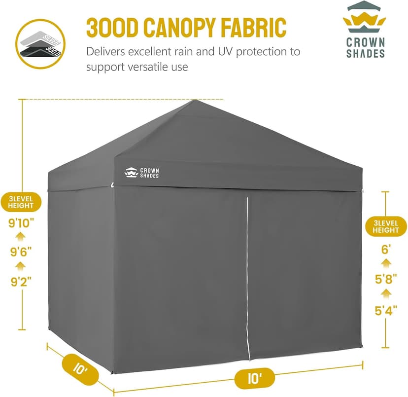 CROWN SHADES 10X10 Comercial Instant Canopy Pop Up Tent with Center Lock (10x10 with 4 Sidewalls, Grey)