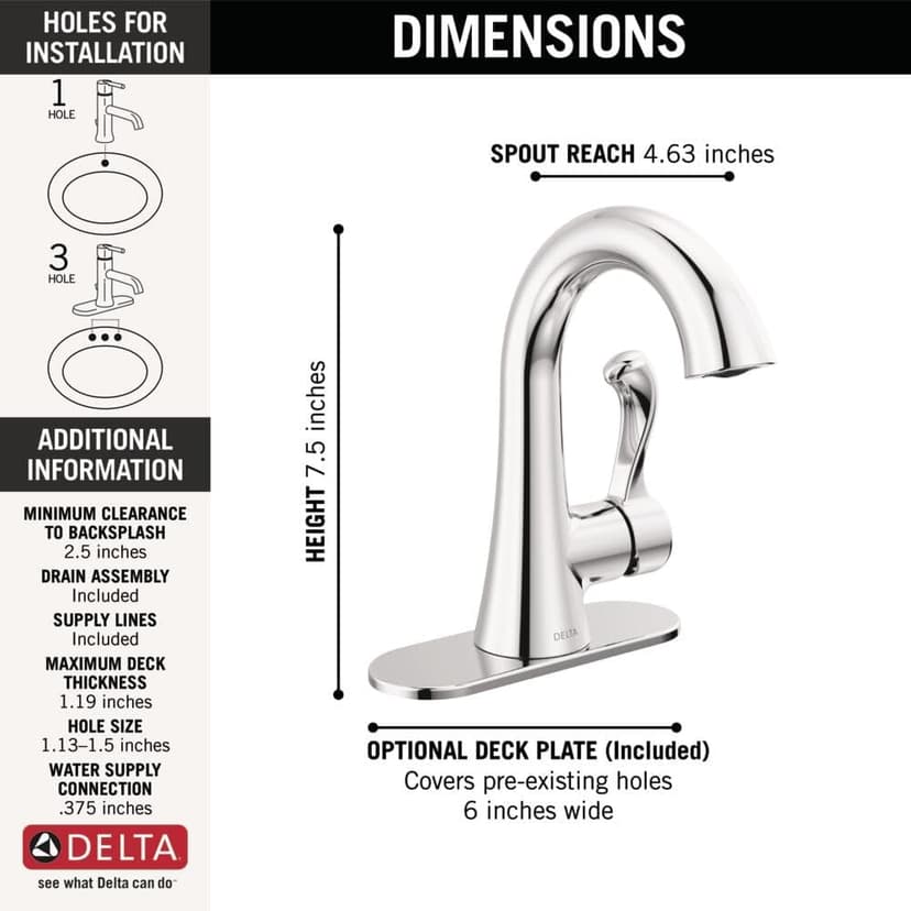Delta Esato Chrome Bathroom Faucet 1 Hole, Single Hole Bathroom Sink Faucet for Vanity, Push-Pop Drain Assembly, Chrome 15897LF
