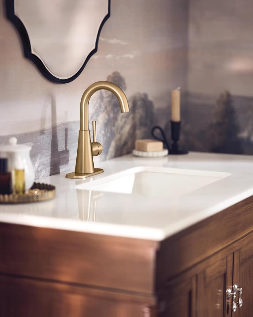 Moen Ronan Bronzed Gold One-Handle Single Hole Modern Bathroom Sink Faucet with Optional Deckplate and Spring Loaded Drain Assembly, 84021BZG
