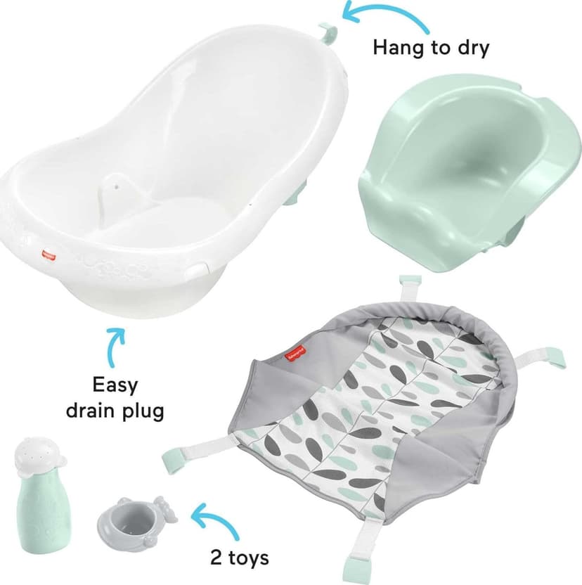 Fisher-Price Baby to Toddler Bath 4-in-1 Sling ‘n Seat Tub with Removable Infant Support and 2 Toys, Climbing Leaves