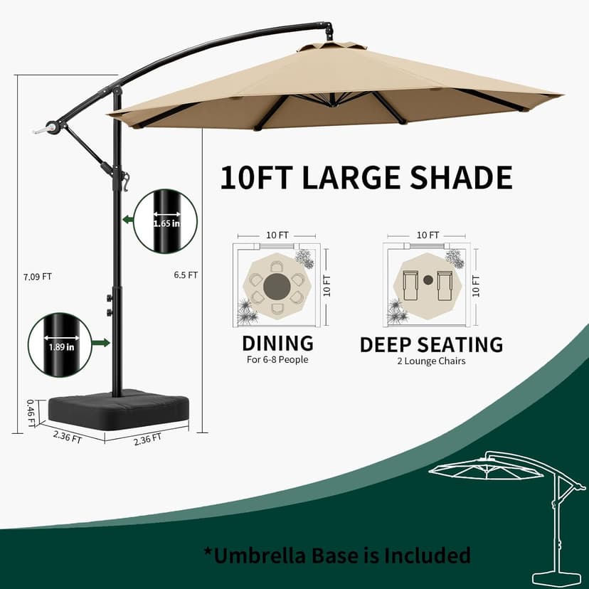 10ft Patio Umbrella with Base Included, Outdoor Offset Cantilever Umbrella w/Upgraded Yarn-dyed Fabric Shade, Sturdy 8 Rids, Easy Tilt Adjustment, for Pool Deck Porch Backyard Garden,Beige
