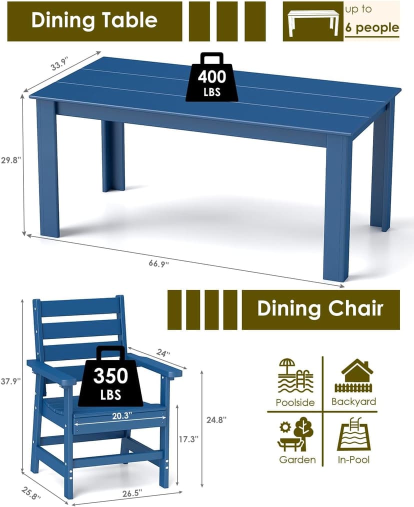 GREENVINES 7-Piece Outdoor Dining Set | HDPE | Patio Table and Chairs Sets for 6 | Patio Furniture | All Weather | Umbrella Hole | Blue| for Backyard Poolside Garden