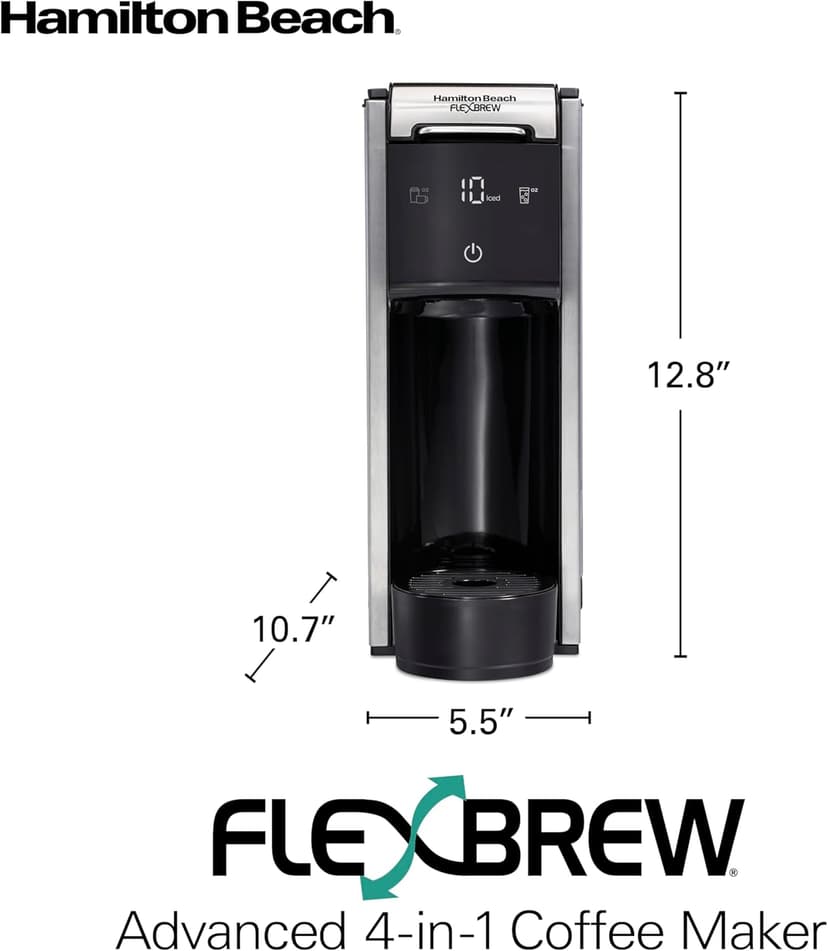 Hamilton Beach FlexBrew Advanced 4-in-1 Single Serve Hot & Iced Coffee Maker with Removable 45 oz. Water Reservoir, Use Pod Packs and Grounds, Fast Brewing, LED Touchscreen, Black (49925)
