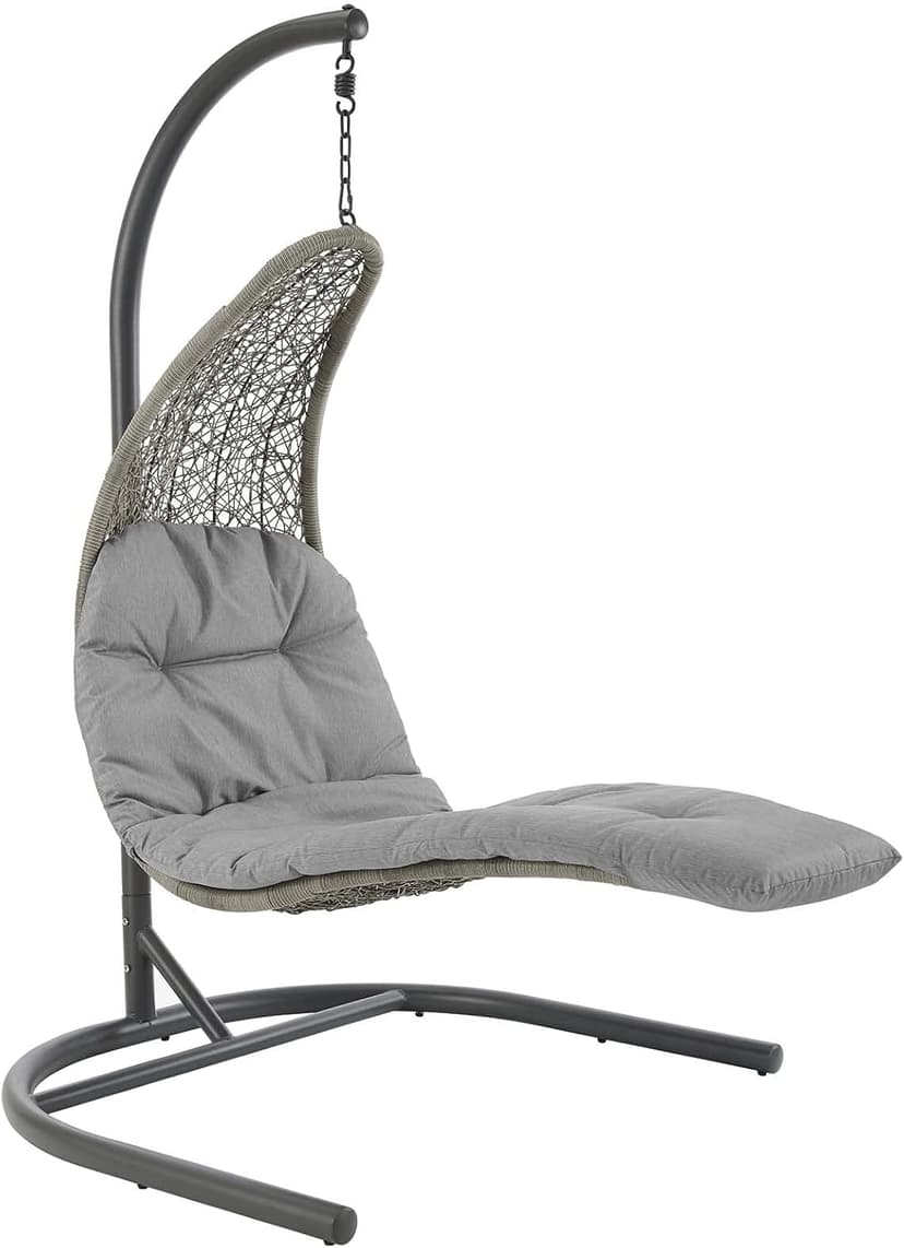 Modway Landscape Wicker Rattan Outdoor Patio Porch Chaise Lounge Hanging Swing Chair Set with Stand in Light Gray Gray