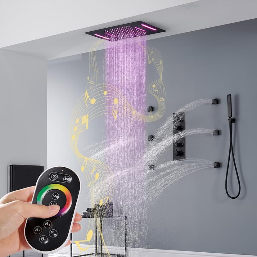 MONDAWE 23" Full Body Thermostatic Shower Jets System, 64-Color LED Music Waterfall Rainfall Luxury Shower Head System with 6 Spray Jets, Ceiling Mount Rain Shower Faucet Set, Matte Black