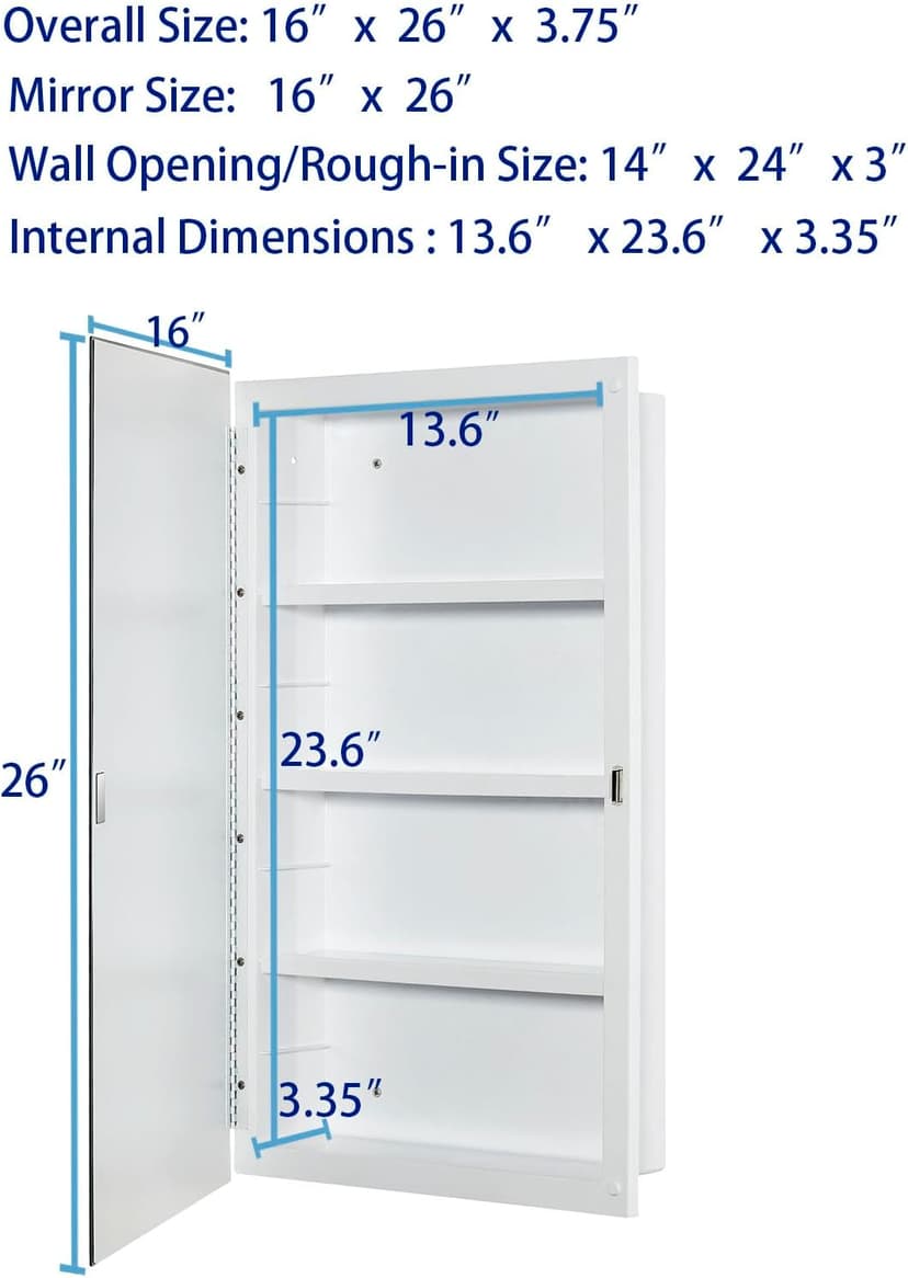 Plastic Medicine Mirror Cabinet for Bathroom 16 x 26 inch, Surface and Recessed Mount