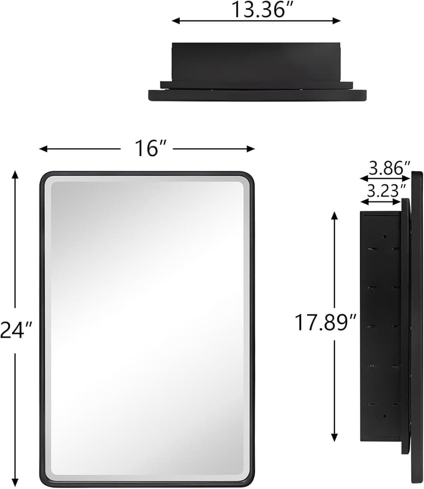 TEHOME Farmhouse Black Metal Framed Recessed Bathroom Medicine Cabinet with Beveled Mirror Rounded Rectangle Bathroom Medicine Cabinet 16x24 inch