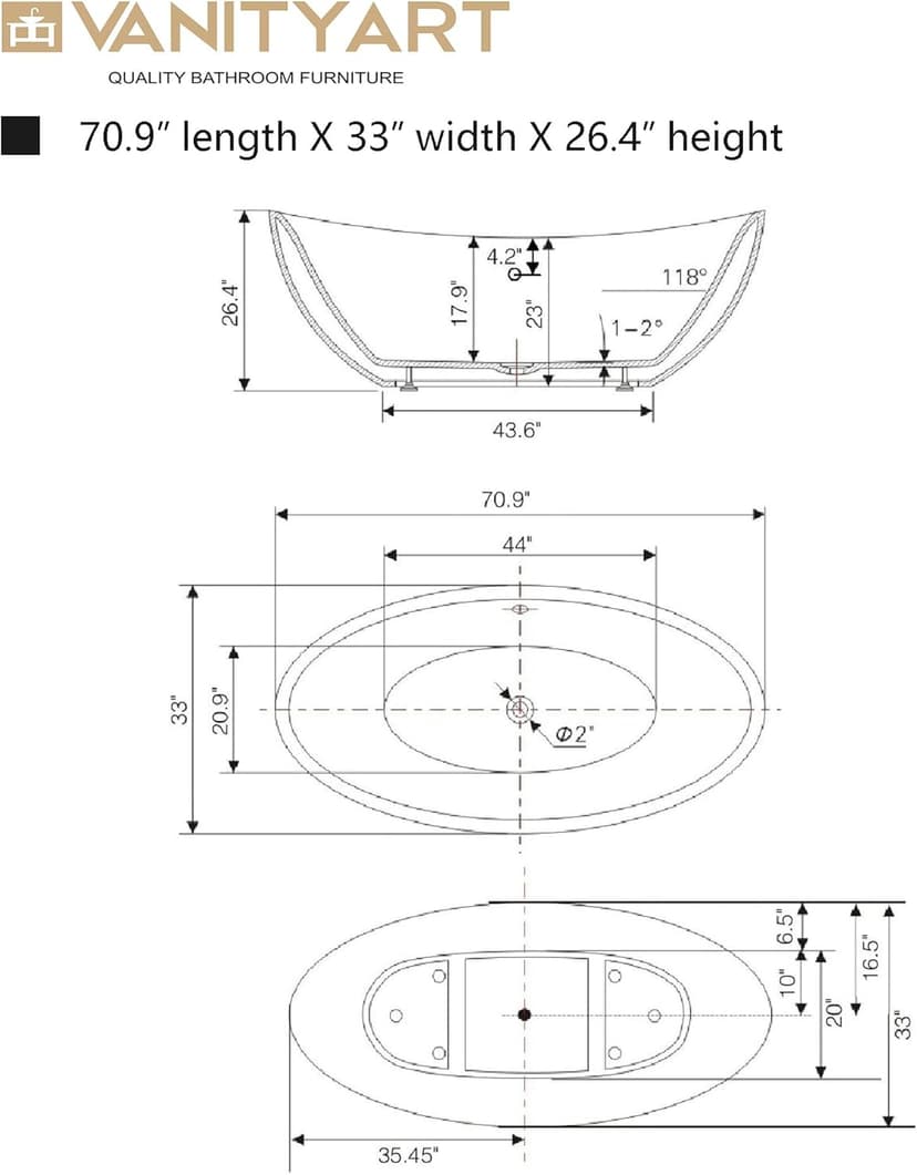 Vanity Art 71" X 33" Freestanding Bathtub | Home Improvement Bathtubs with Contemporary Design for Soaking and Bathing, Overflow and Pop-up Drain with UPC Certified, Acrylic, VA6807-PC