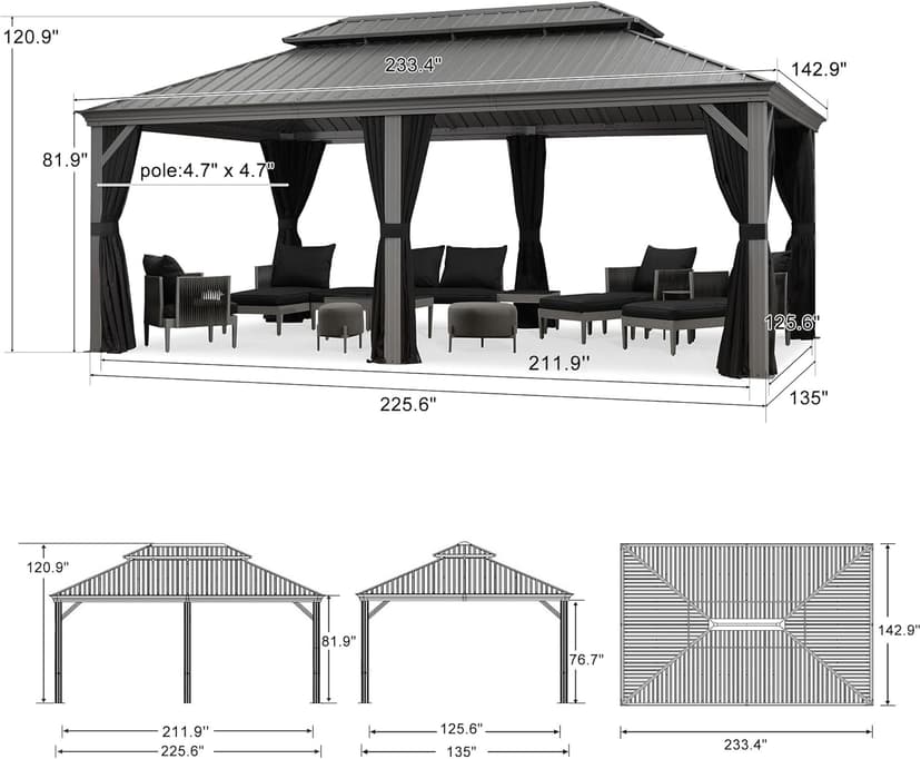 PURPLE LEAF 12' x 20' Permanent Hardtop Gazebo with Galvanized Steel Double Roof and Aluminum Frames Outdoor Large Pavilion Gazebo for Patio Deck Garden, Netting and Curtains Included, Light Grey