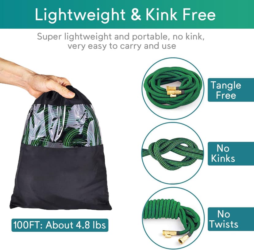 100 ft Expandable Garden Hose - 2025 New No Kink Flexible Water Hose 100ft with 10 Pattern Spray Nozzle, 3/4 Solid Brass Connectors, Retractable Latex Core - Lightweight Expanding Hose