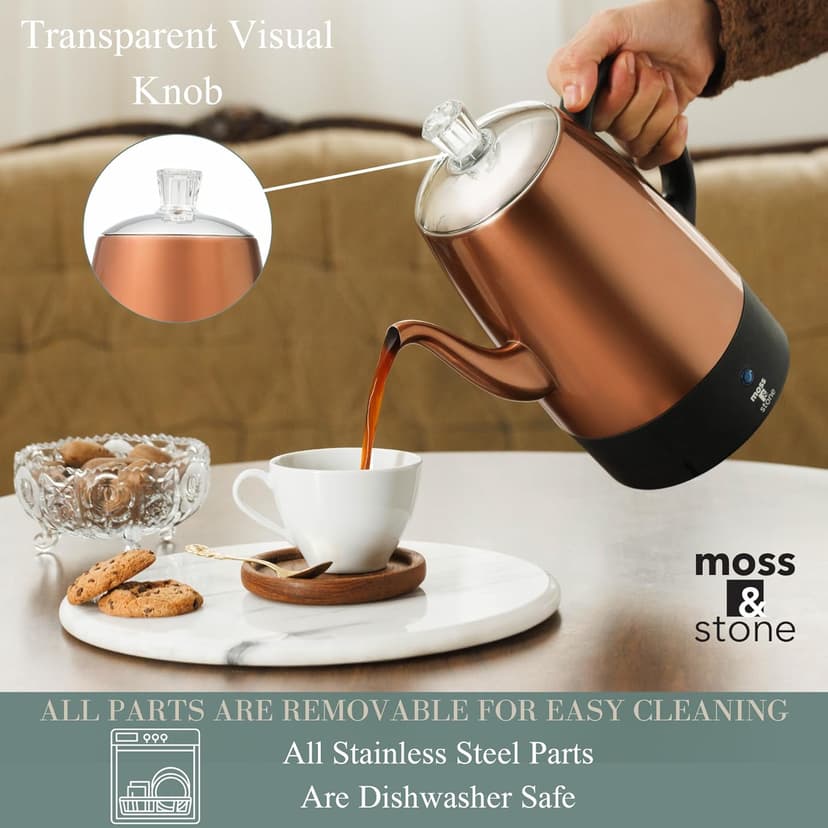 Moss & Stone Percolator Coffee Pot Electric 10 Cup, Stainless Steel Coffee Maker, Coffee Percolator Electric With Keep Warm Function, 10 Cups Stainless Steel Percolator With Coffee Basket