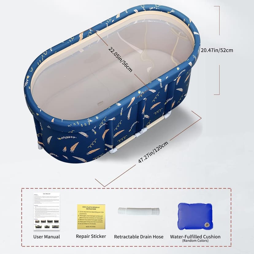 Portable Bathtub,Foldable Freestanding Bathtub,Japanese Soaking Tub,Shower Stall Tub,Bathroom Folding SPA Bath For Adults, Boys & Girls,Outdoor/Indoor Hot Ice Bath,47 Inch,Blue,PVC & Al Alloy
