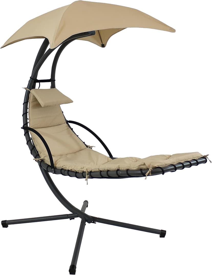 Sunnydaze Floating Chaise Lounger Swing Chair with Umbrella Canopy - Curved Steel Hammock Lounge Chair with Cushion and Pillow - Removable Cushion and Umbrella Shade - 82-Inch Tall - Beige