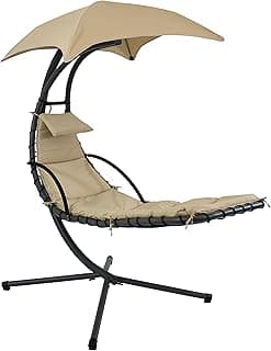 Sunnydaze Floating Chaise Lounger Swing Chair with Umbrella Canopy - Curved Steel Hammock Lounge Chair with Cushion and Pillow - Removable Cushion and Umbrella Shade - 82-Inch Tall - Beige