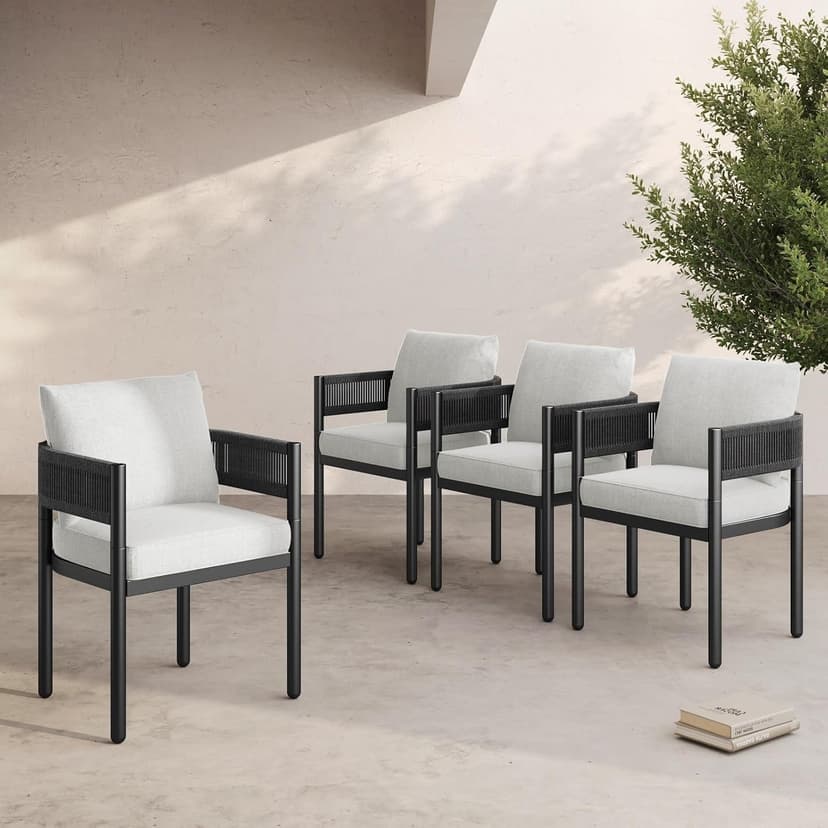Grand patio Outdoor Dining Chairs Set of 4, 4 Pieces Patio Dining Chairs, Metal Woven Wicker Fixed Patio Chairs with Grey Cushions for Backyard, Deck, Garden, Porch, Lawn and Poolside (Black)