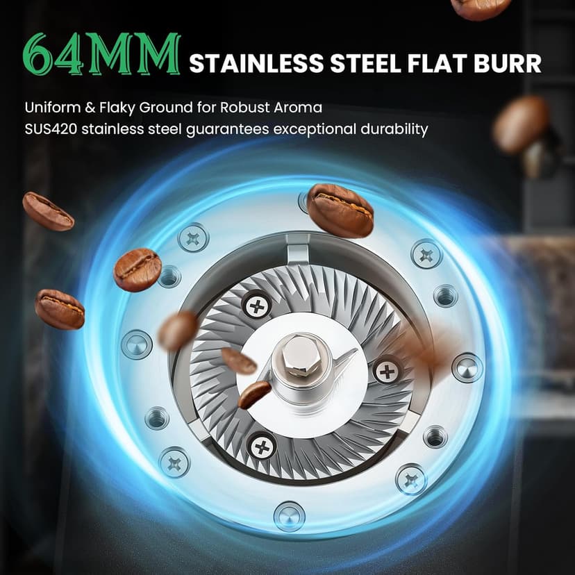 Huanyu Commercial Coffee Grinder with 64mm Flat Burr Anti-Flying Grounds Outlet 26oz Lotus Hopper 8 Stepless Settings Electric Coffee Grinders with Smart Touchscreen for Cafés Restaurants